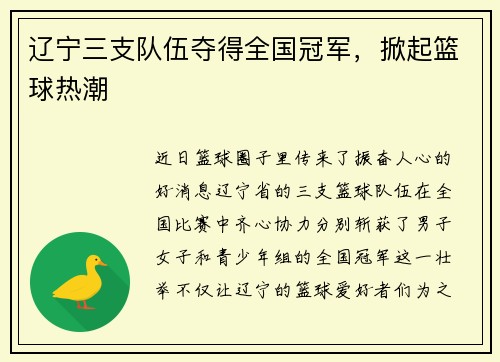 辽宁三支队伍夺得全国冠军，掀起篮球热潮